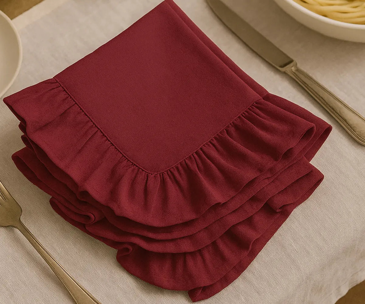 Dark red cotton ruffle edge dinner napkins in bulk, reusable and absorbent cloth napkins for weddings, holidays, parties, and farmhouse rustic dining table décor. Dark red cotton ruffle edge dinner napkins in bulk, reusable and absorbent cloth napkins for weddings, holidays, parties, and farmhouse rustic dining table décor.