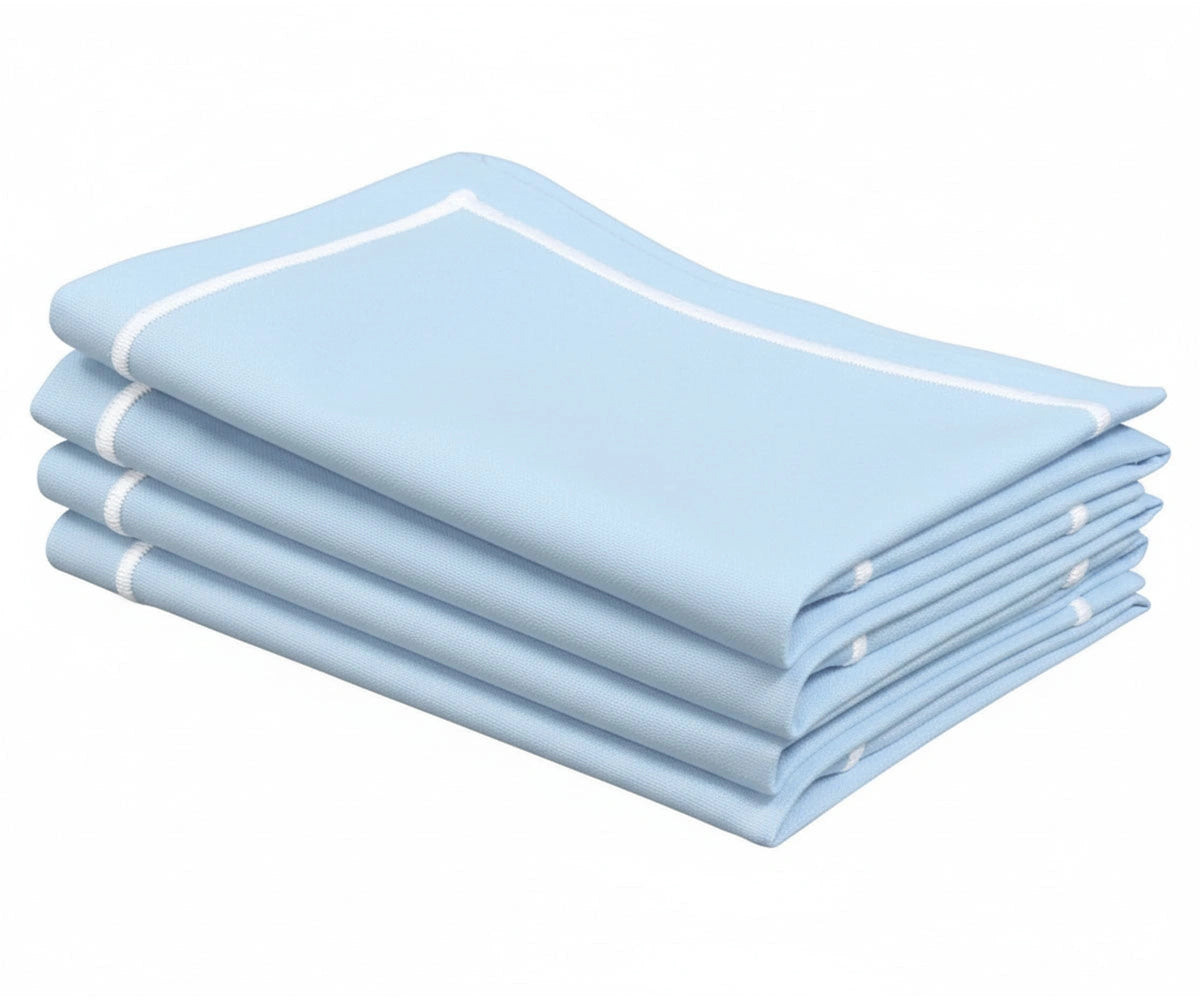 Light Blue napkins with white line embroidery, soft reusable dinner napkins for everyday and formal dining Light Blue napkins with white line embroidery, soft reusable dinner napkins for everyday and formal dining