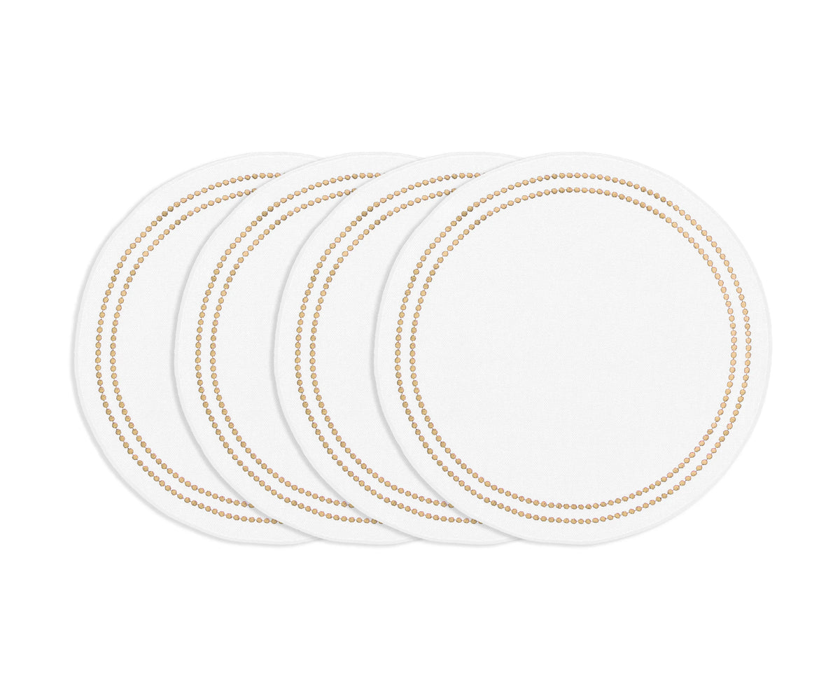 Beige round cotton placemat with white embroidery and pearl accents, timeless washable embroidered dining placemat. Beige round cotton placemat with white embroidery and pearl accents, timeless washable embroidered dining placemat.