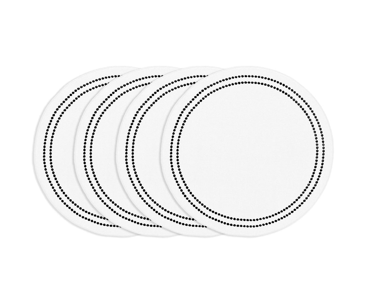 Black round cotton placemat with white embroidery and pearl accents, elegant washable embroidered table mat for meals. Black round cotton placemat with white embroidery and pearl accents, elegant washable embroidered table mat for meals.