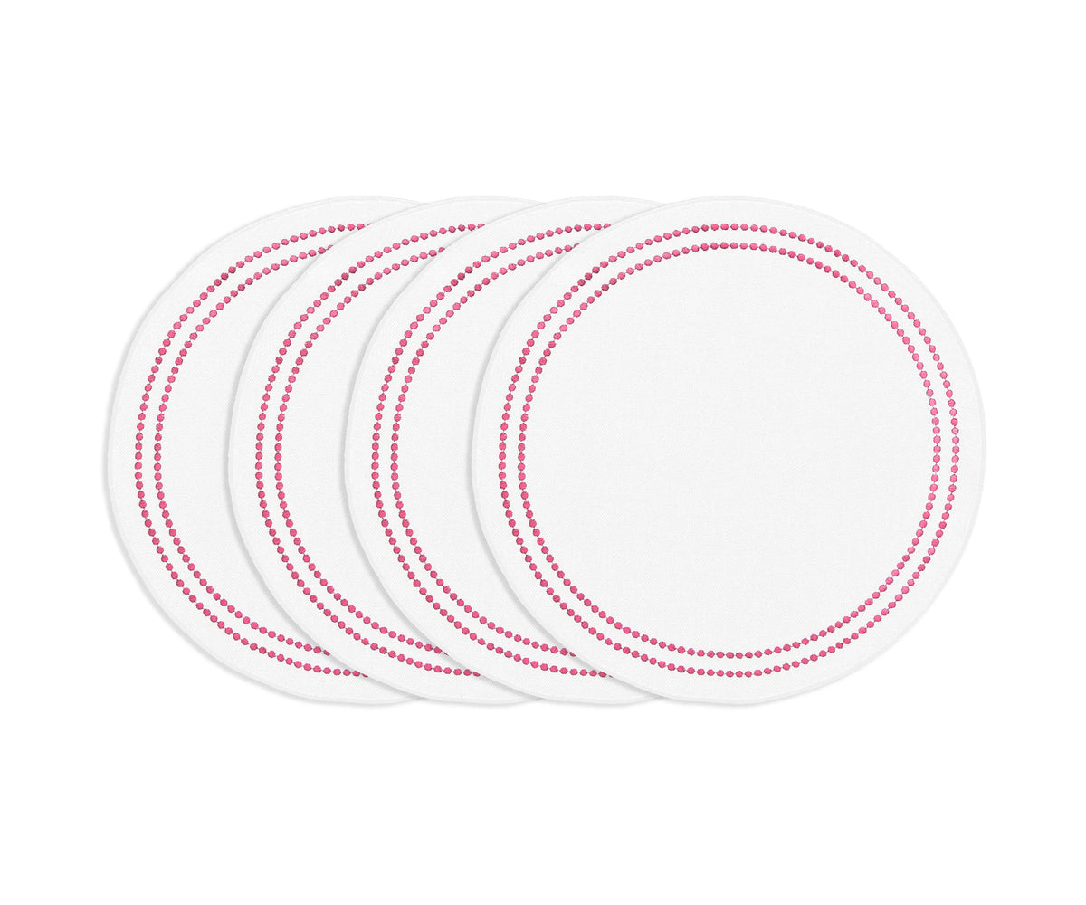 Peony round cotton placemat with white embroidery and pearl accents, elegant washable table decor for dining table. Peony round cotton placemat with white embroidery and pearl accents, elegant washable table decor for dining table.