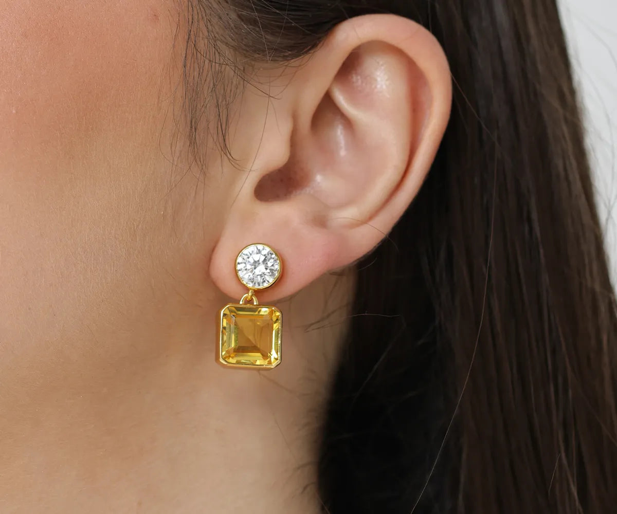 Asscher-cut amber and round zirconia drop earrings with 18K yellow gold plating Asscher-cut amber and round zirconia drop earrings with 18K yellow gold plating