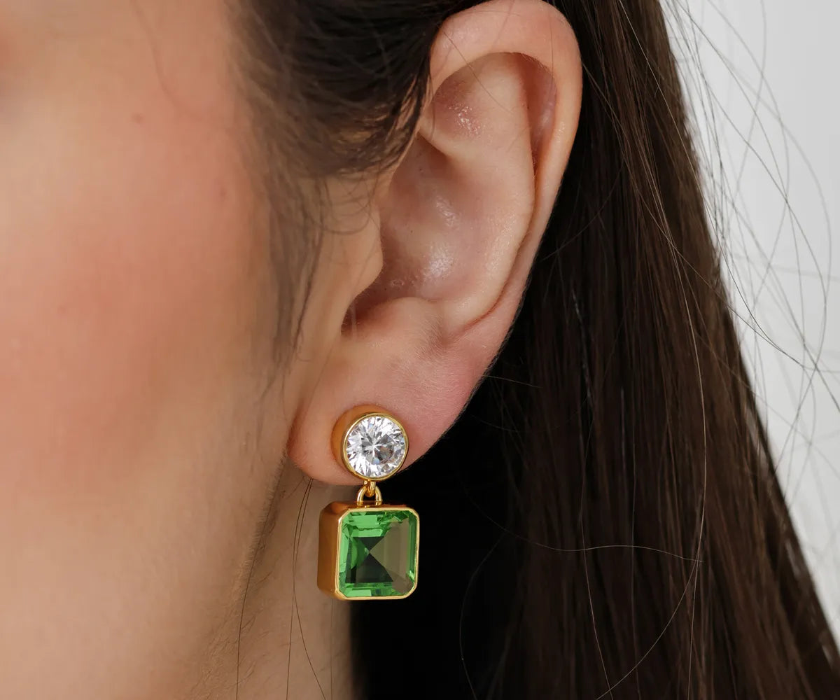 18K gold-plated drop earrings with asscher-cut forest peridot and round zirconia 18K gold-plated drop earrings with asscher-cut forest peridot and round zirconia