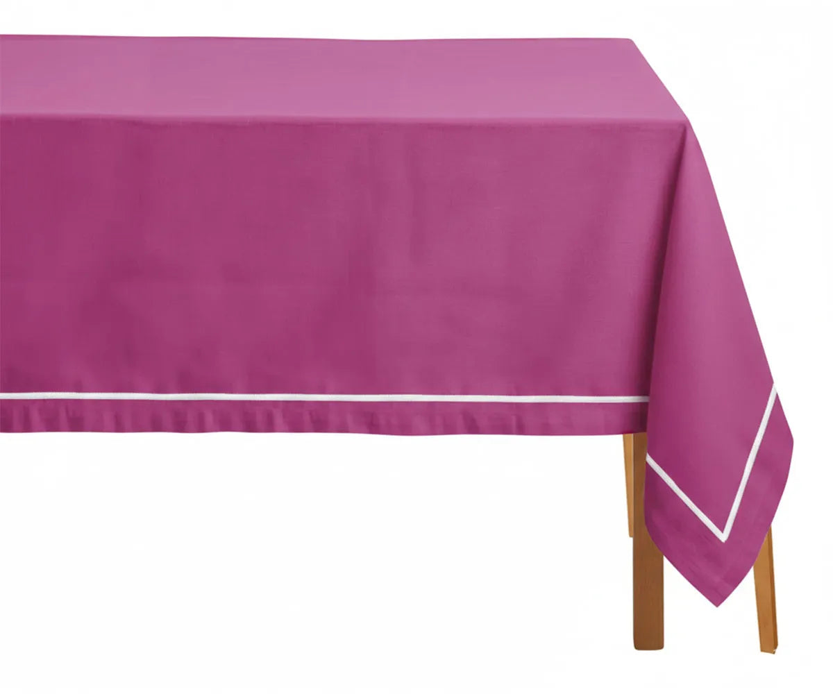 Megenta and white embroidered rectangle tablecloth in 100% cotton styled for wedding reception banquet table Megenta and white embroidered rectangle tablecloth in 100% cotton styled for wedding reception banquet table