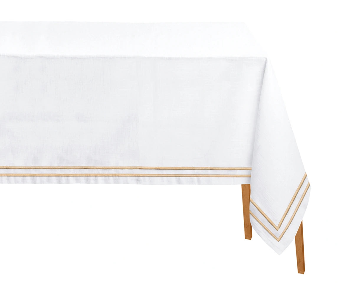 Discover timeless elegance with our double line embroidered gold tablecloth, made from 100% cotton for lasting quality and style Discover timeless elegance with our double line embroidered gold tablecloth, made from 100% cotton for lasting quality and style