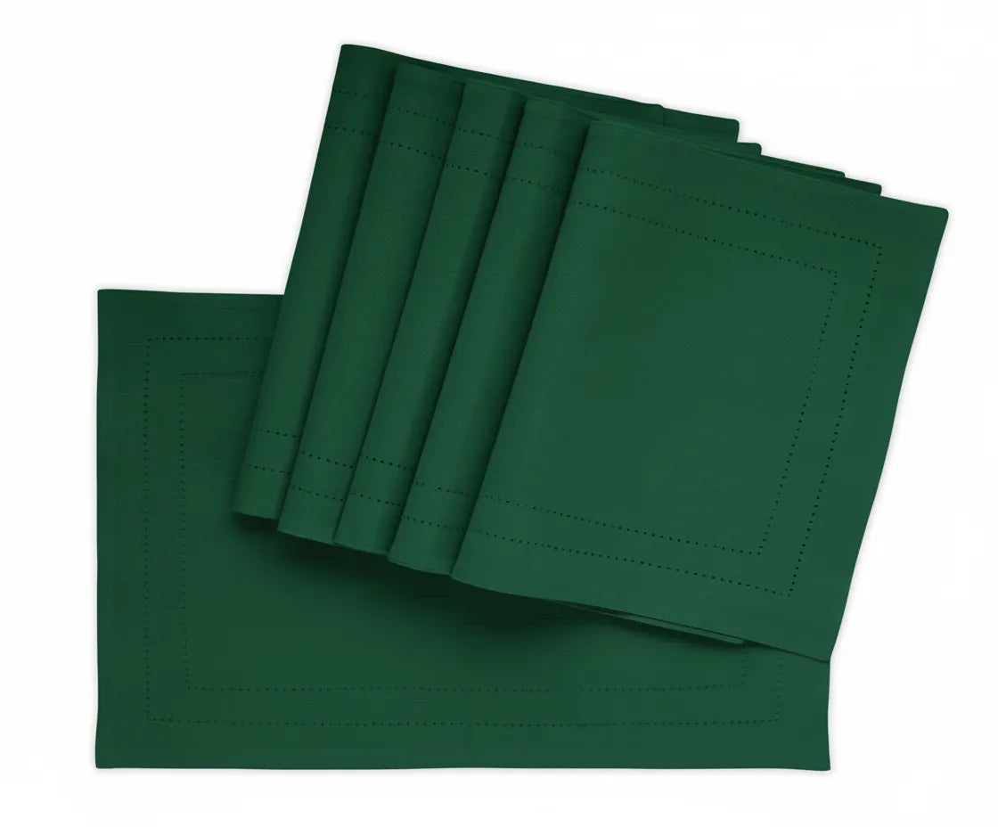 Evergreen 100 cotton hemstitch placemats on a holiday dining table
Evergreen 100 cotton hemstitch placemats on a holiday dining table