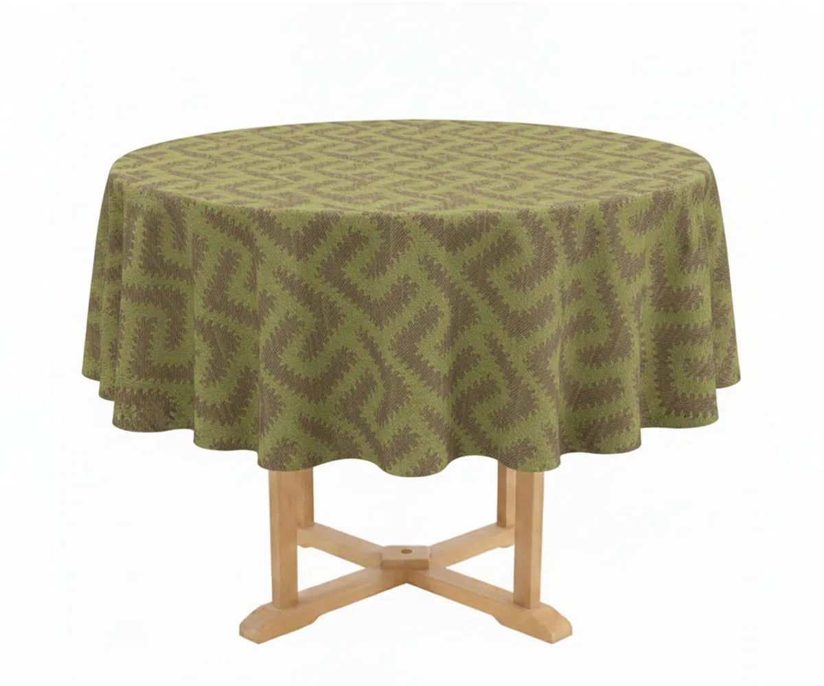 Round linen tablecloth with floral and geometric block print pattern Round linen tablecloth with floral and geometric block print pattern