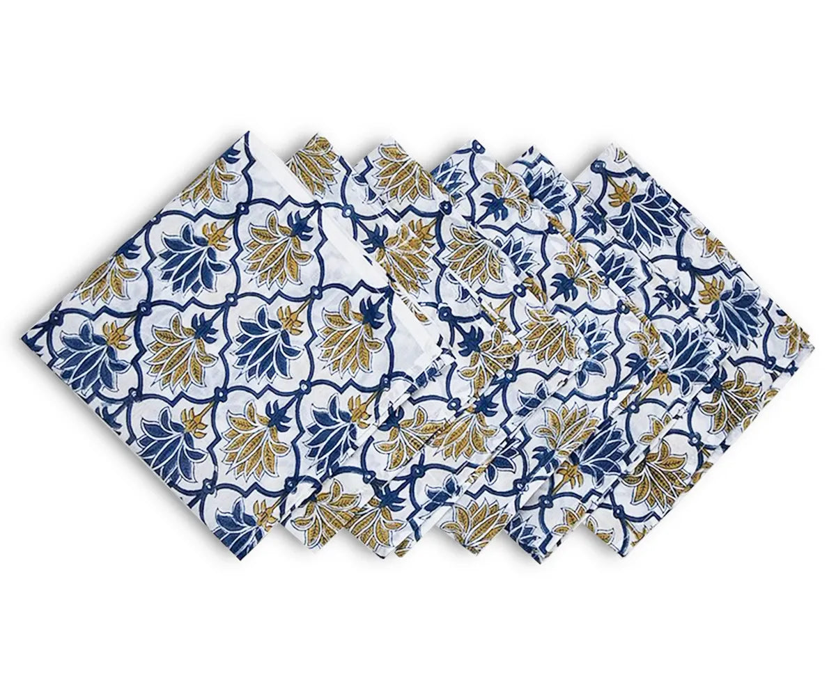 Blue and white floral block print cotton napkins with yellow accents – reusable printed fabric napkins set. Blue and white floral block print cotton napkins with yellow accents – reusable printed fabric napkins set.
