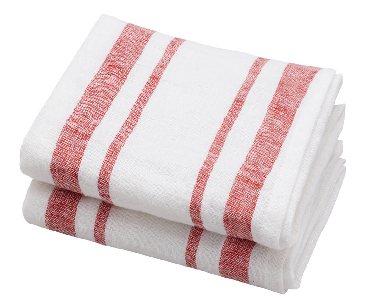 A set of two folded red and white striped linen tea towels. A set of two folded red and white striped linen tea towels.