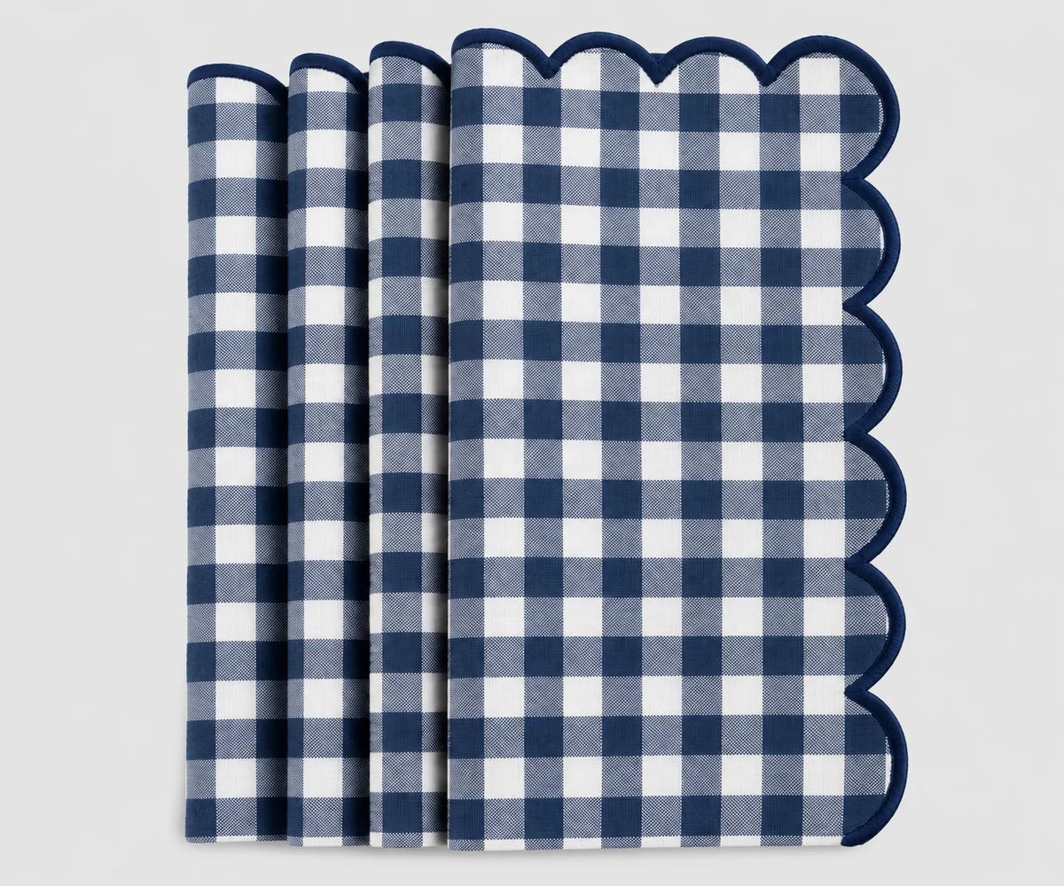 Set of Navy blue and cream gingham cotton dinner napkins with red scalloped embroidered edges Set of Navy blue and cream gingham cotton dinner napkins with red scalloped embroidered edges