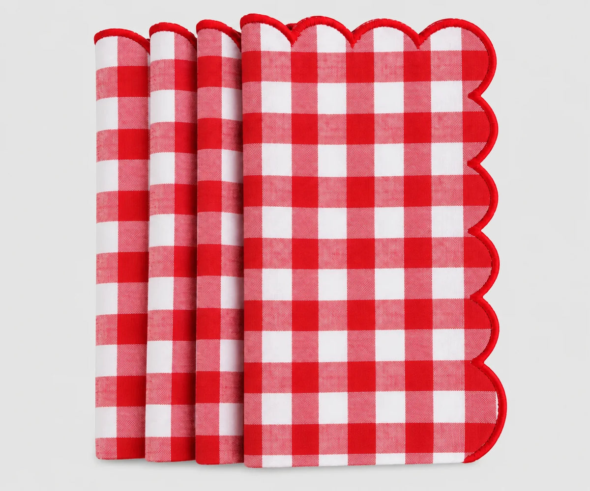 Set of Red and white gingham cotton dinner napkins with red scalloped embroidered edges Set of Red and white gingham cotton dinner napkins with red scalloped embroidered edges