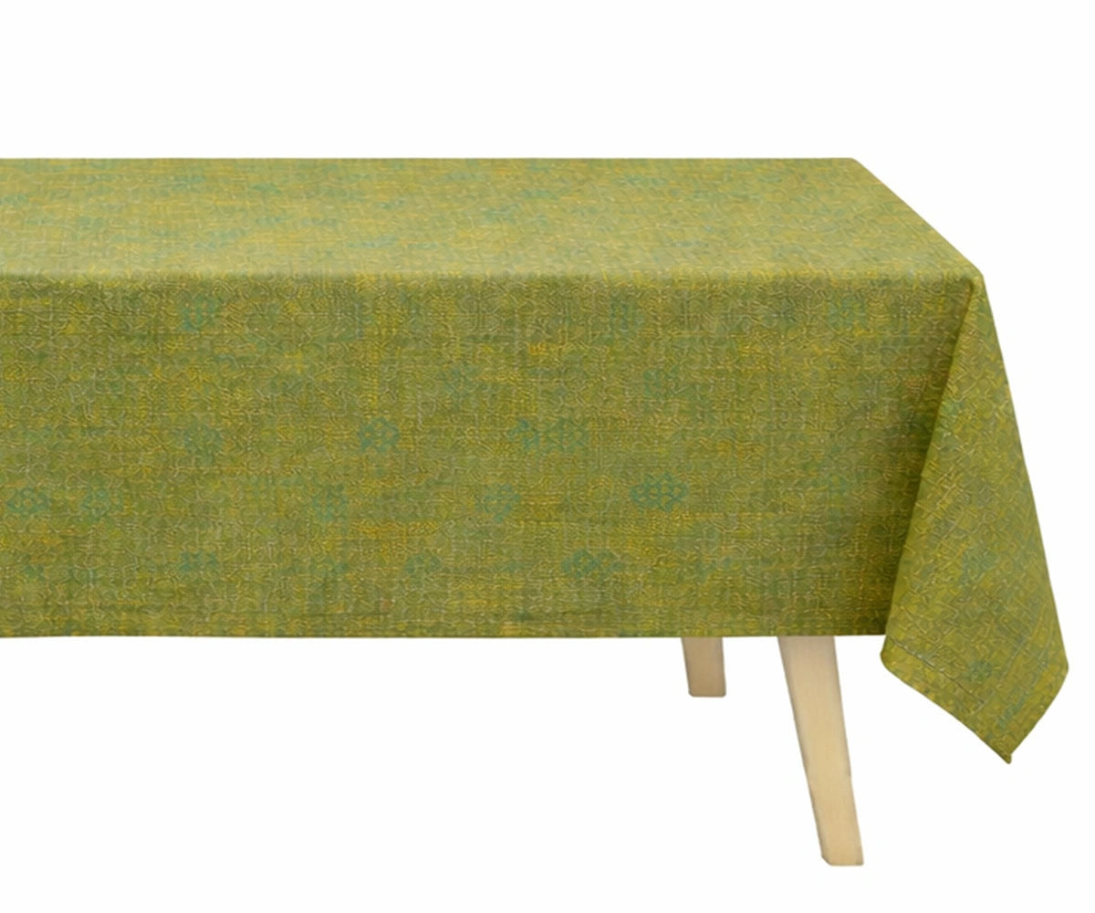 Modern print green linen rectangle tablecloth with textured pattern for contemporary dining room table styling Modern print green linen rectangle tablecloth with textured pattern for contemporary dining room table styling