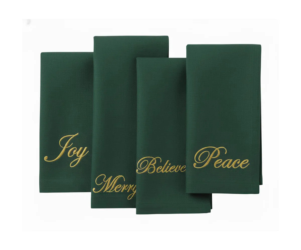 Festive green embroidered cotton napkins featuring holiday-inspired words, perfect for winter dining, family gatherings, and seasonal décor Festive green embroidered cotton napkins featuring holiday-inspired words, perfect for winter dining, family gatherings, and seasonal décor