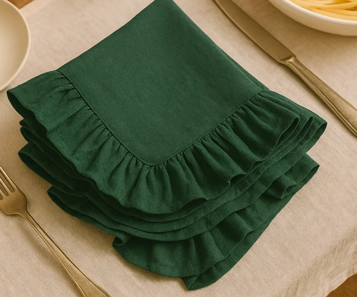 Set of eco-friendly green ruffled dinner napkins made from 100% cotton, washable and durable table napkins available in bulk or small sets, ideal for everyday meals and festive gatherings. Set of eco-friendly green ruffled dinner napkins made from 100% cotton, washable and durable table napkins available in bulk or small sets, ideal for everyday meals and festive gatherings.