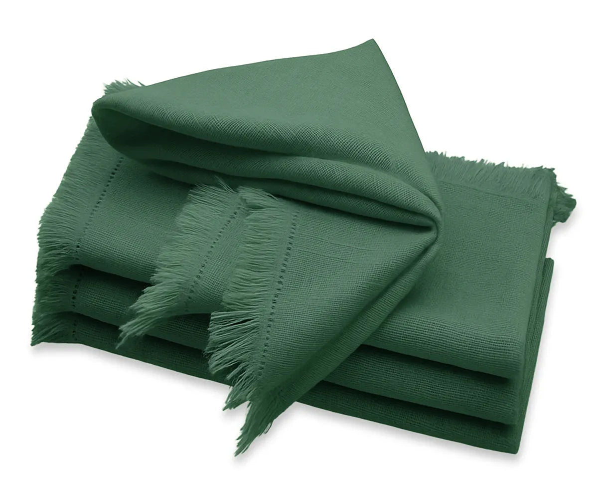 Green Cotton Fringe Napkins with Frayed Edges on a Dining Table, Eco-Friendly Reusable Cloth Napkins Green Cotton Fringe Napkins with Frayed Edges on a Dining Table, Eco-Friendly Reusable Cloth Napkins