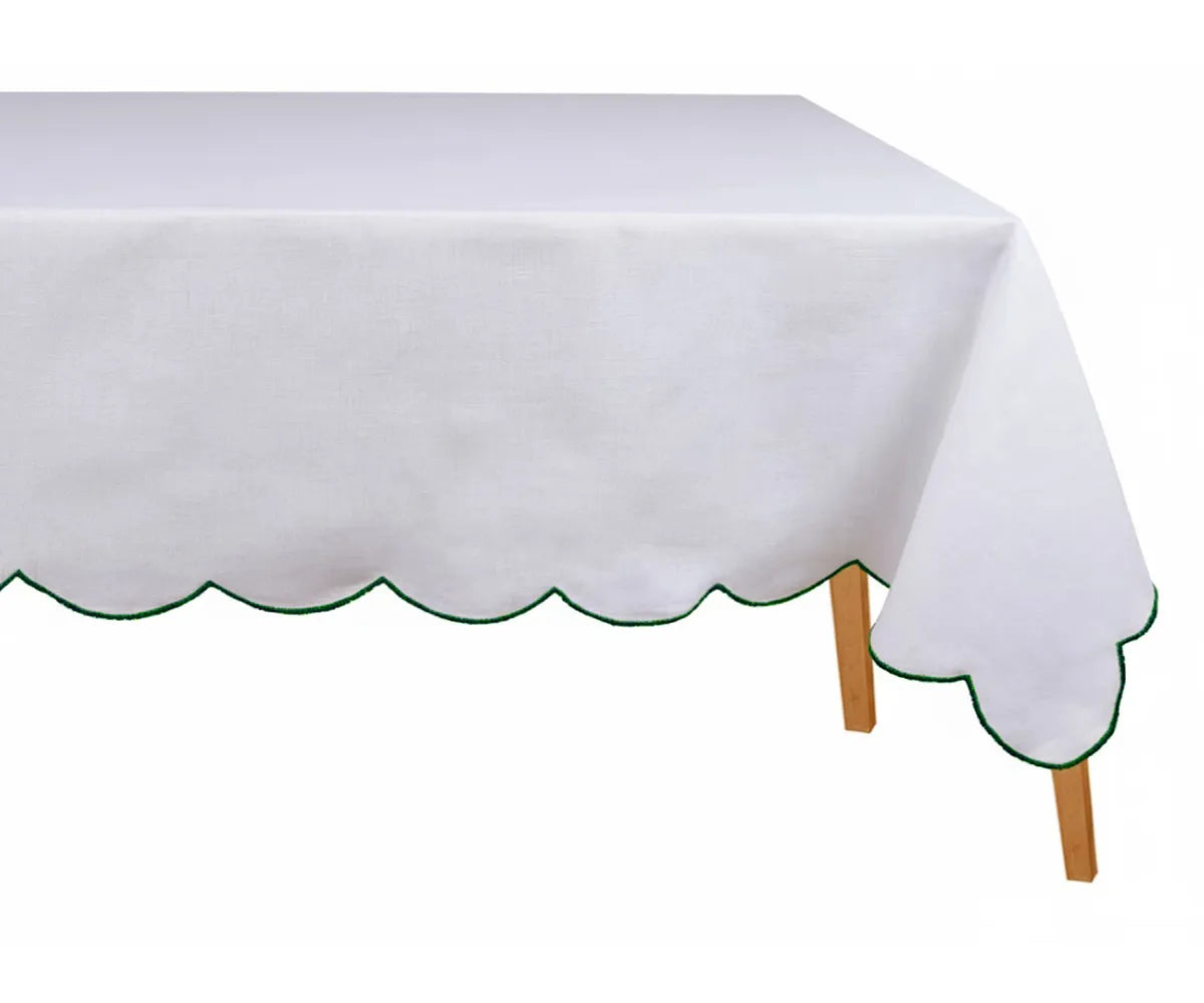 Fresh white cotton tablecloth with green scalloped embroidery — stylish, natural, and versatile dining table linen for weddings, holidays, or casual meals. 100% cotton embroidered rectangle tablecloth. Fresh white cotton tablecloth with green scalloped embroidery — stylish, natural, and versatile dining table linen for weddings, holidays, or casual meals. 100% cotton embroidered rectangle tablecloth.