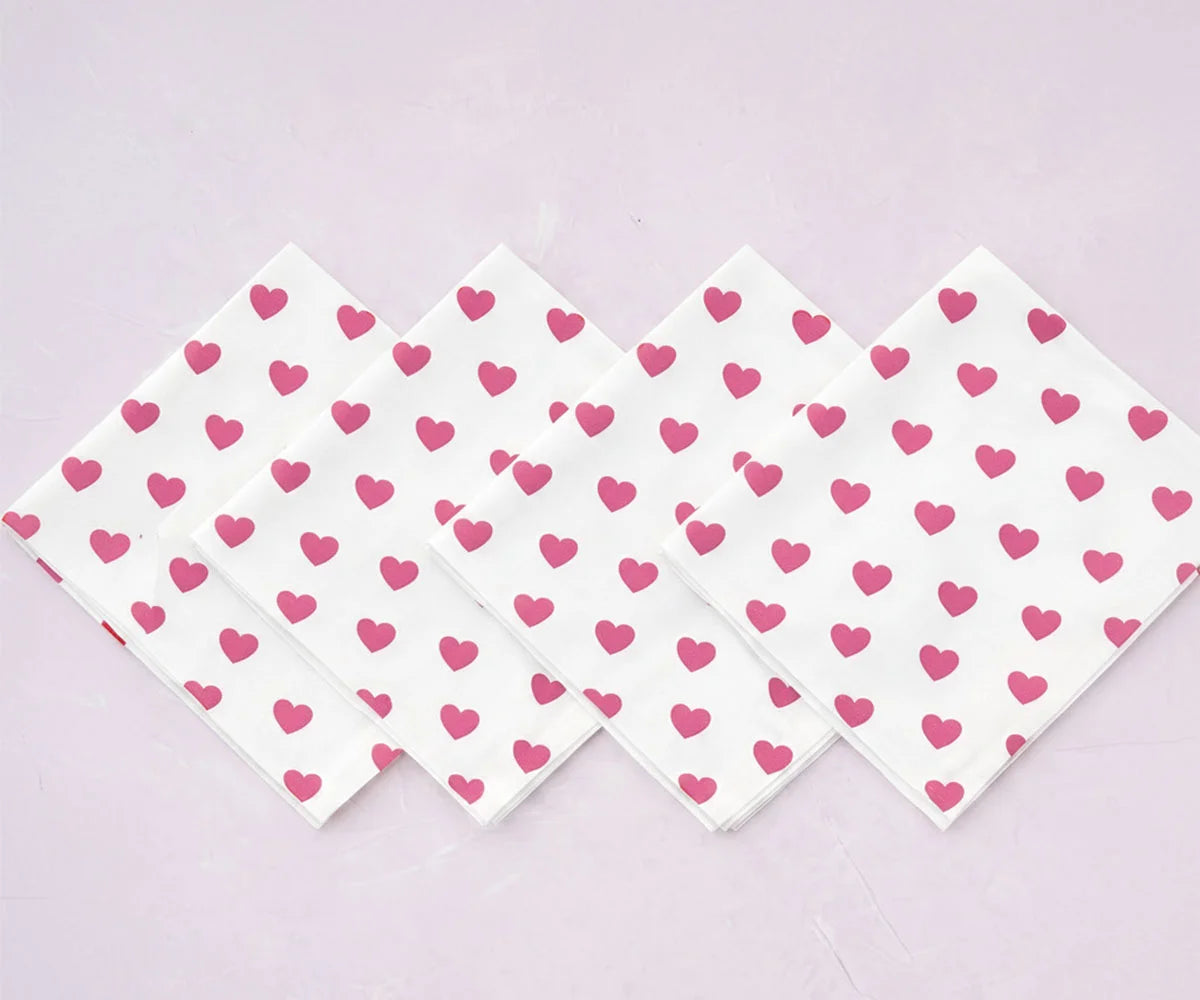 White cotton napkins with Blush pink heart pattern White cotton napkins with Blush pink heart pattern