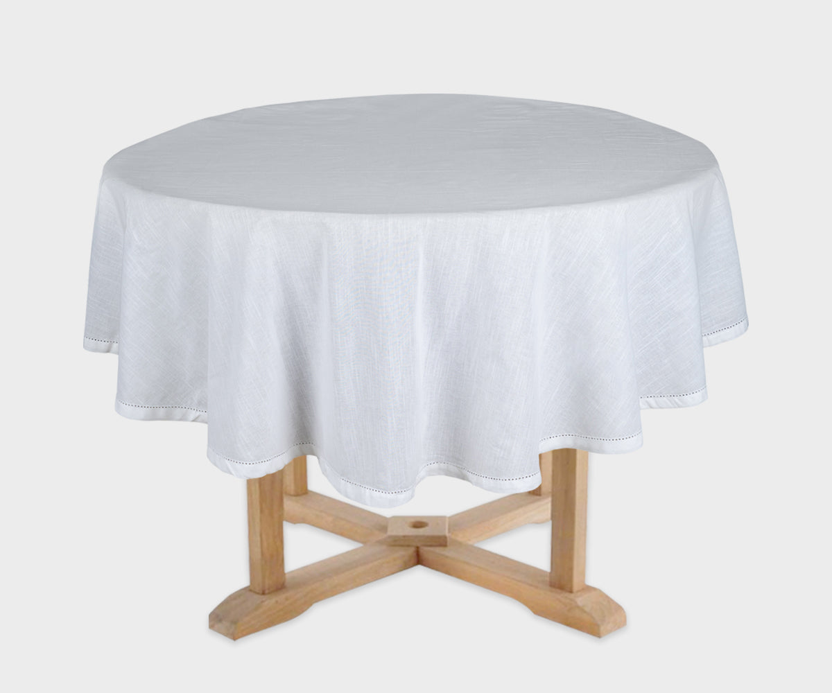 White cotton round tablecloth – 63 inch hemstitched for clean elegance White cotton round tablecloth – 63 inch hemstitched for clean elegance