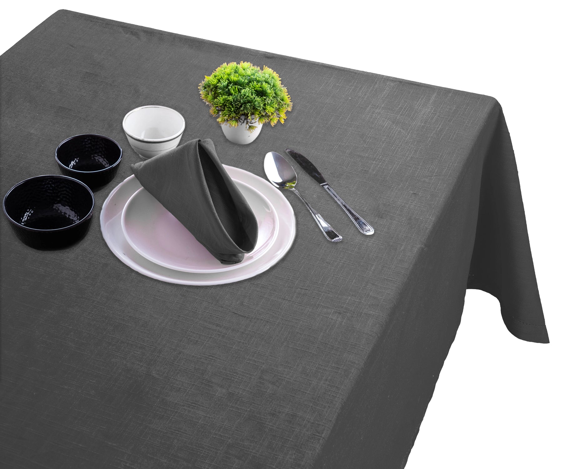 Stylish gray rectangular tablecloth with classic hemstitched edges Stylish gray rectangular tablecloth with classic hemstitched edges