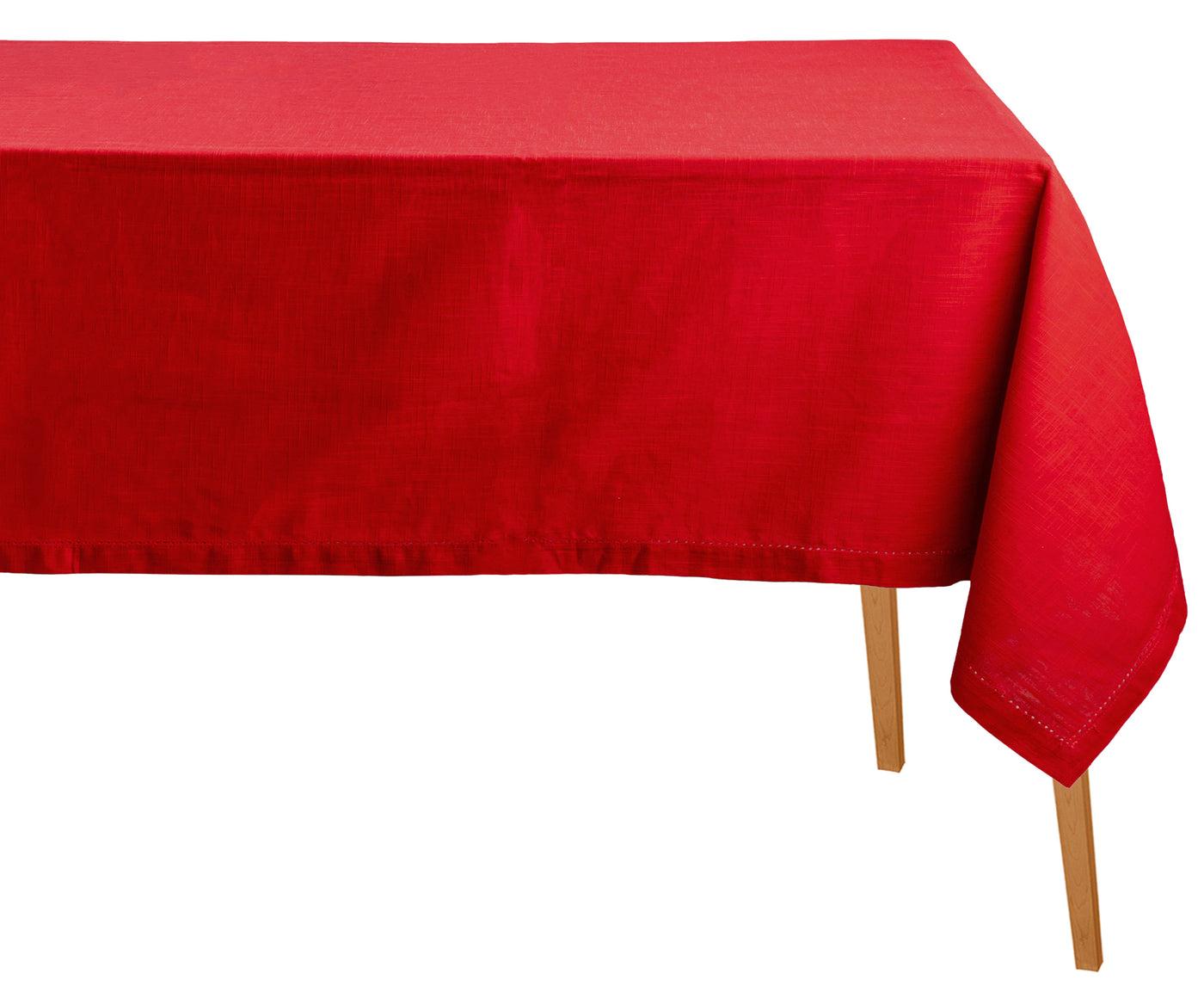 Red tablecloth on a wooden table with a white background Red tablecloth on a wooden table with a white background