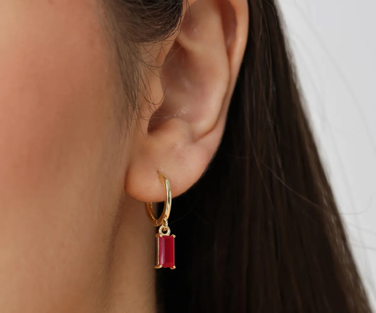 Hot pink hoop earrings for women with dangling chalcedony stone Hot pink hoop earrings for women with dangling chalcedony stone