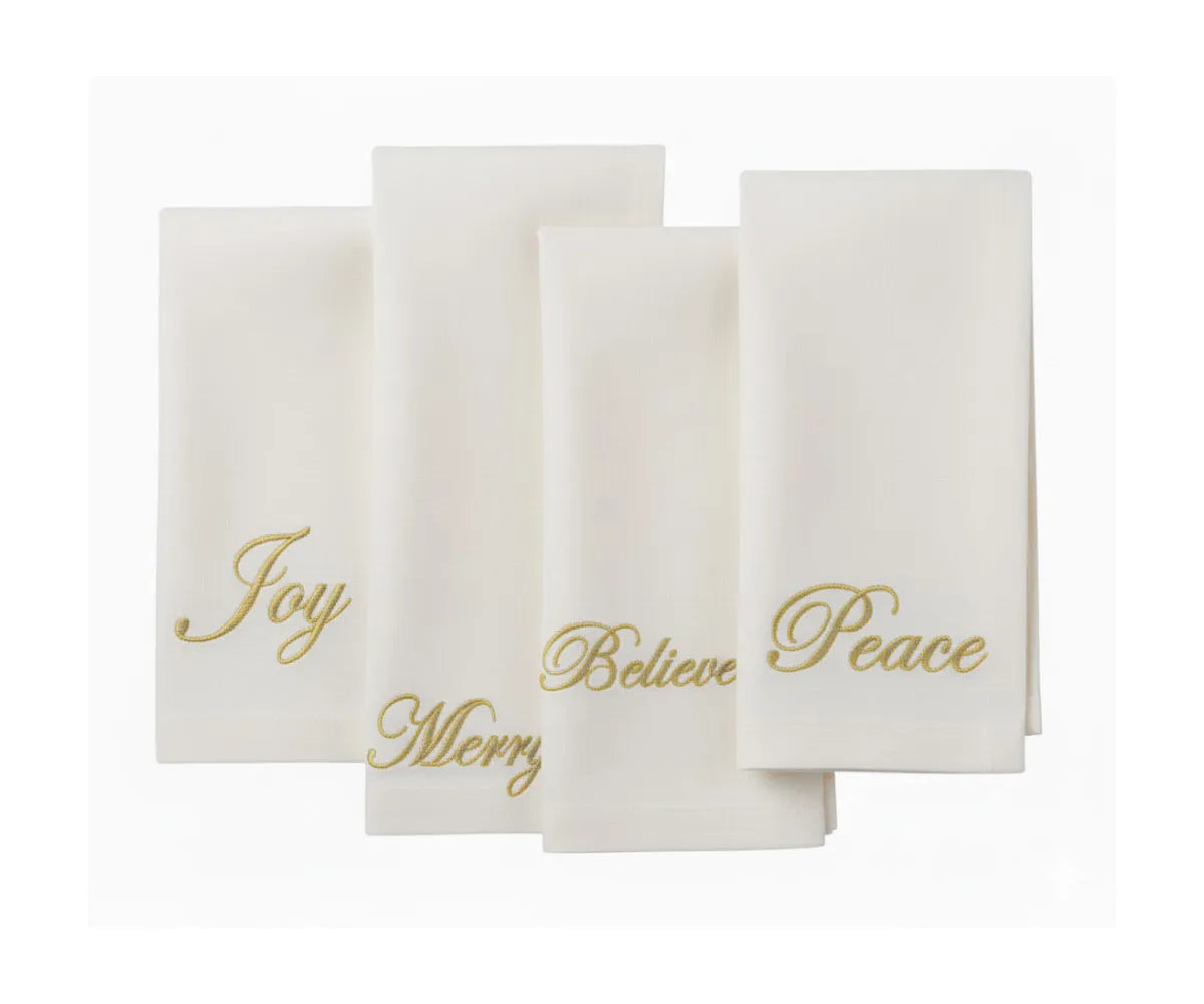 Set of embroidered ivory napkins with festive words Joy, Merry, Peace, and Believe, crafted from 100% cotton for holiday and everyday dining Set of embroidered ivory napkins with festive words Joy, Merry, Peace, and Believe, crafted from 100% cotton for holiday and everyday dining