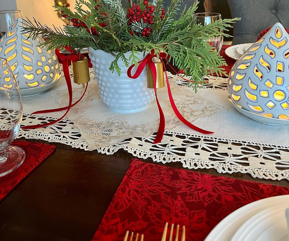 Enhance your dining table with vibrant red fabric placemats, combining elegance and protection for a delightful mealtime ambiance.  Enhance your dining table with vibrant red fabric placemats, combining elegance and protection for a delightful mealtime ambiance.