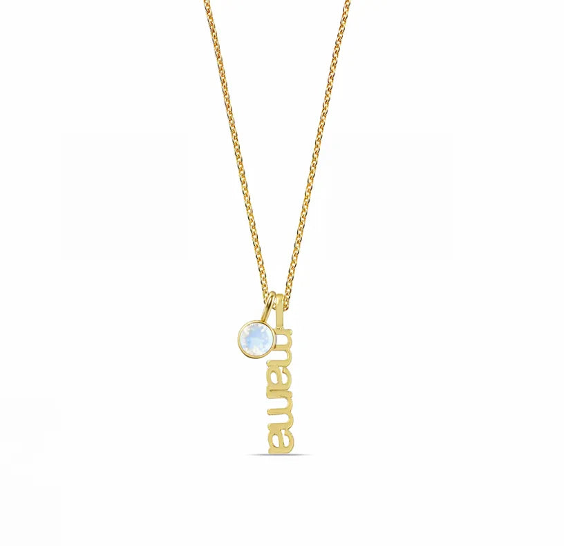 Side view of birthstone charm and chain Side view of birthstone charm and chain