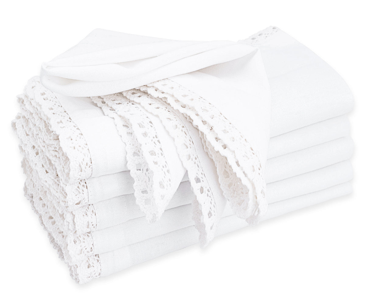 Delicate lace napkins, intricately designed, add an elegant and romantic flair to your formal dining setting. Delicate lace napkins, intricately designed, add an elegant and romantic flair to your formal dining setting.