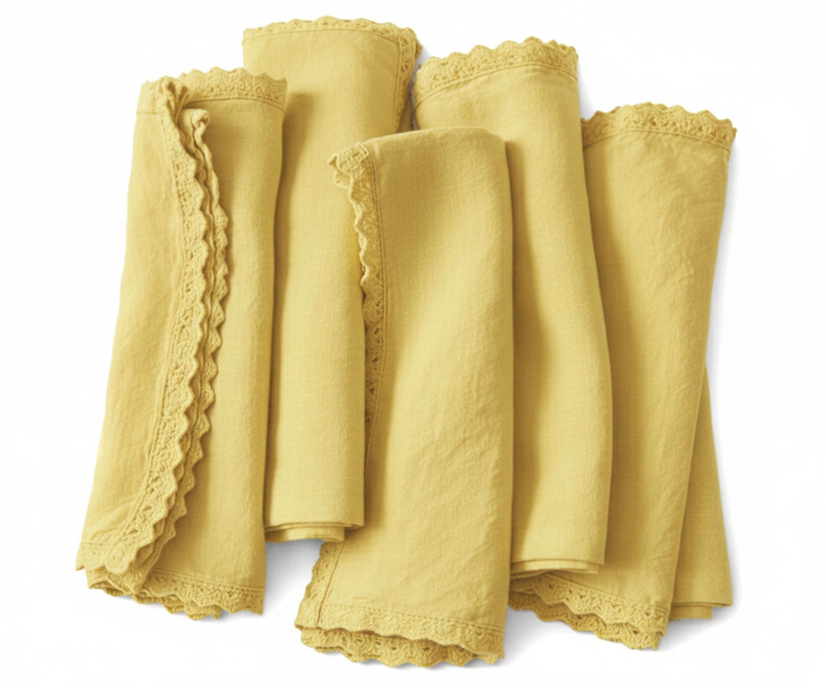 Lemon yellow linen crochet napkins set Lemon yellow linen crochet napkins set