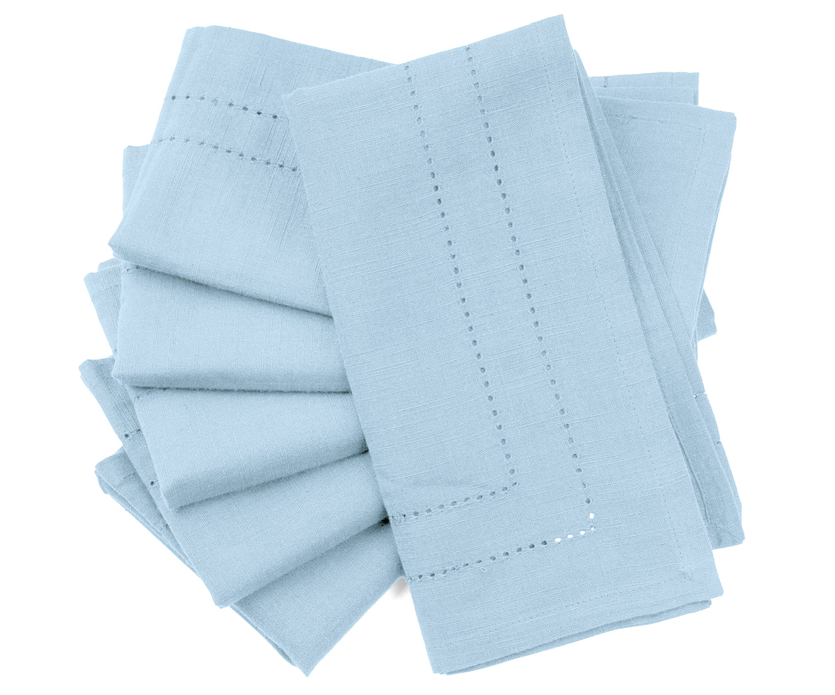 Cotton hemstitch napkins in a beautiful shade of light blue for a classic touch. Cotton hemstitch napkins in a beautiful shade of light blue for a classic touch.