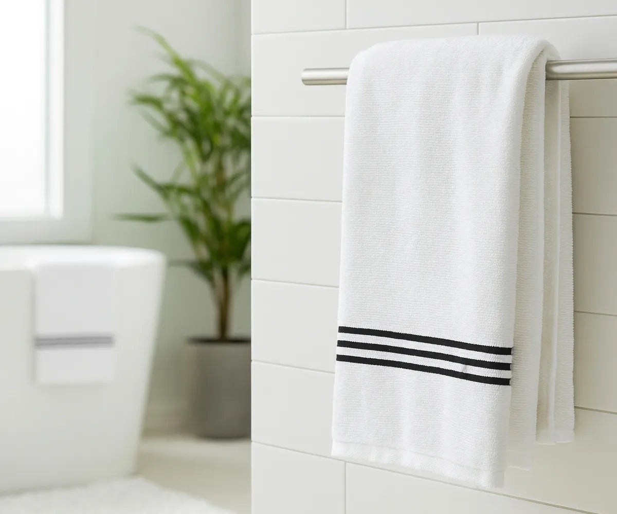 Luxury black and white striped bath towel made from 100% premium cotton, featuring soft absorbent fabric with elegant black embroidery — perfect for home, spa, or gym use. Luxury black and white striped bath towel made from 100% premium cotton, featuring soft absorbent fabric with elegant black embroidery — perfect for home, spa, or gym use.