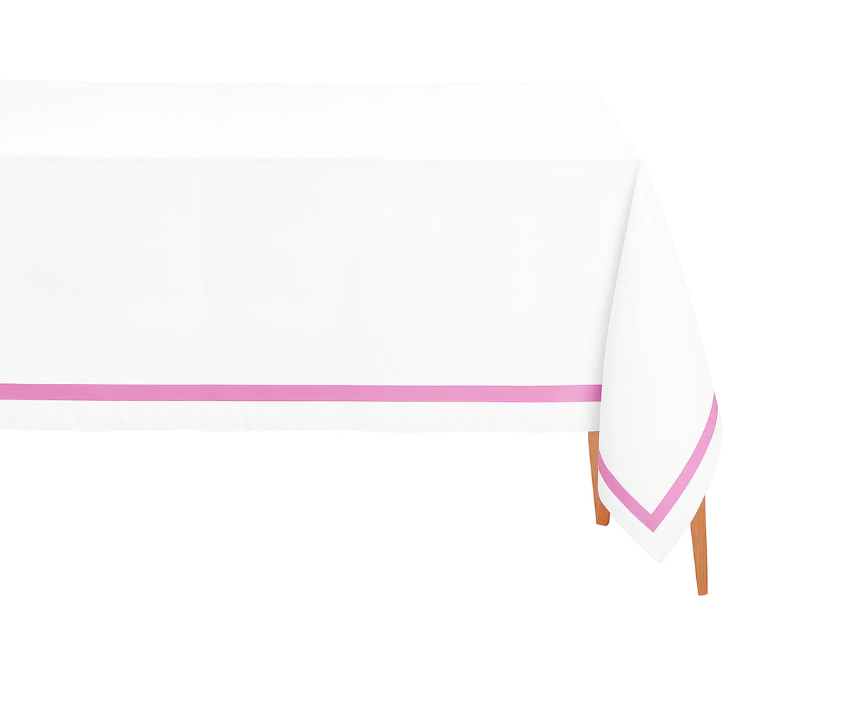 Pink Border Rectangle Cotton Tablecloth on wedding reception table with floral centerpiece Pink Border Rectangle Cotton Tablecloth on wedding reception table with floral centerpiece