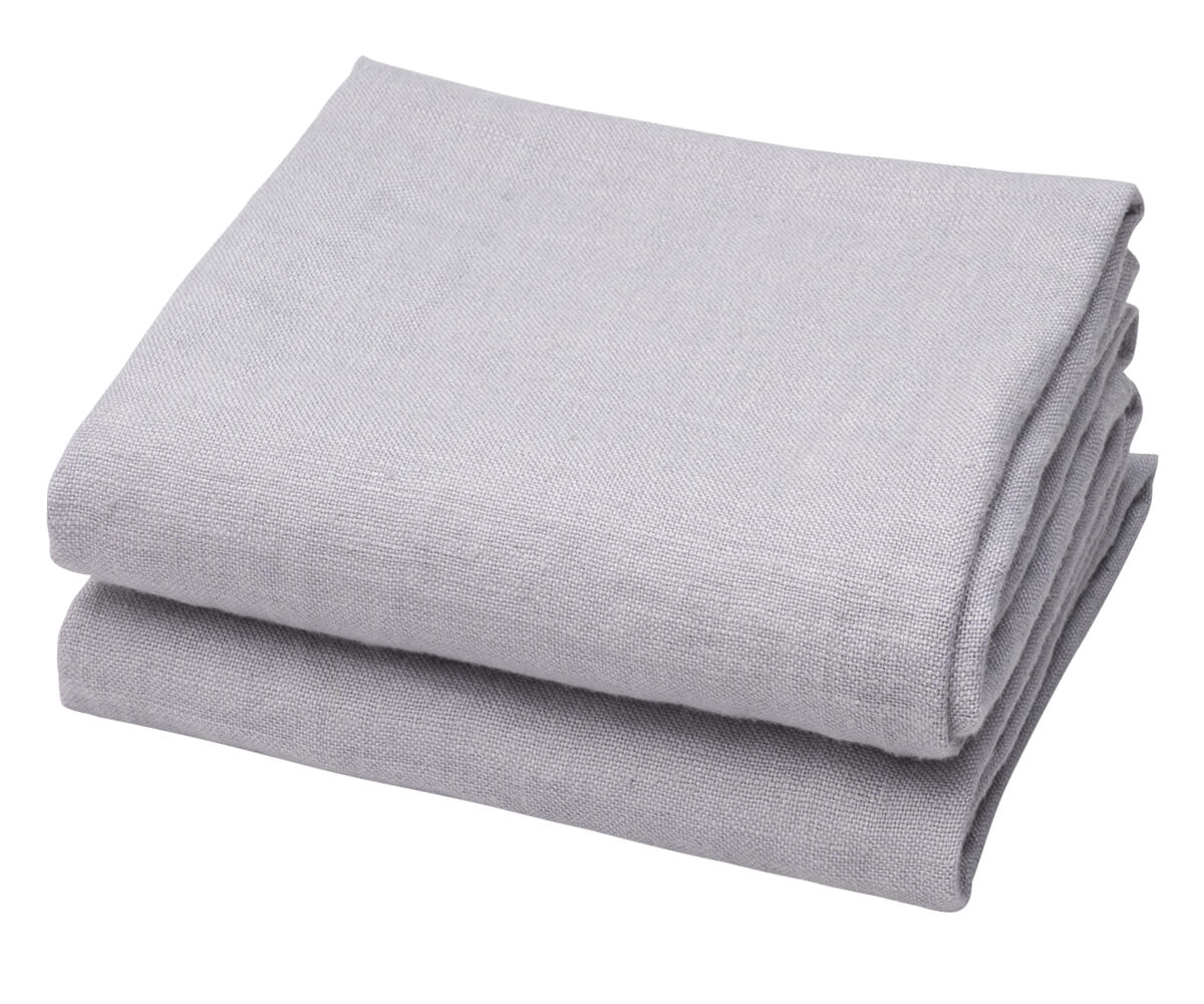A set of two folded gray linen kitchen towels. A set of two folded gray linen kitchen towels.