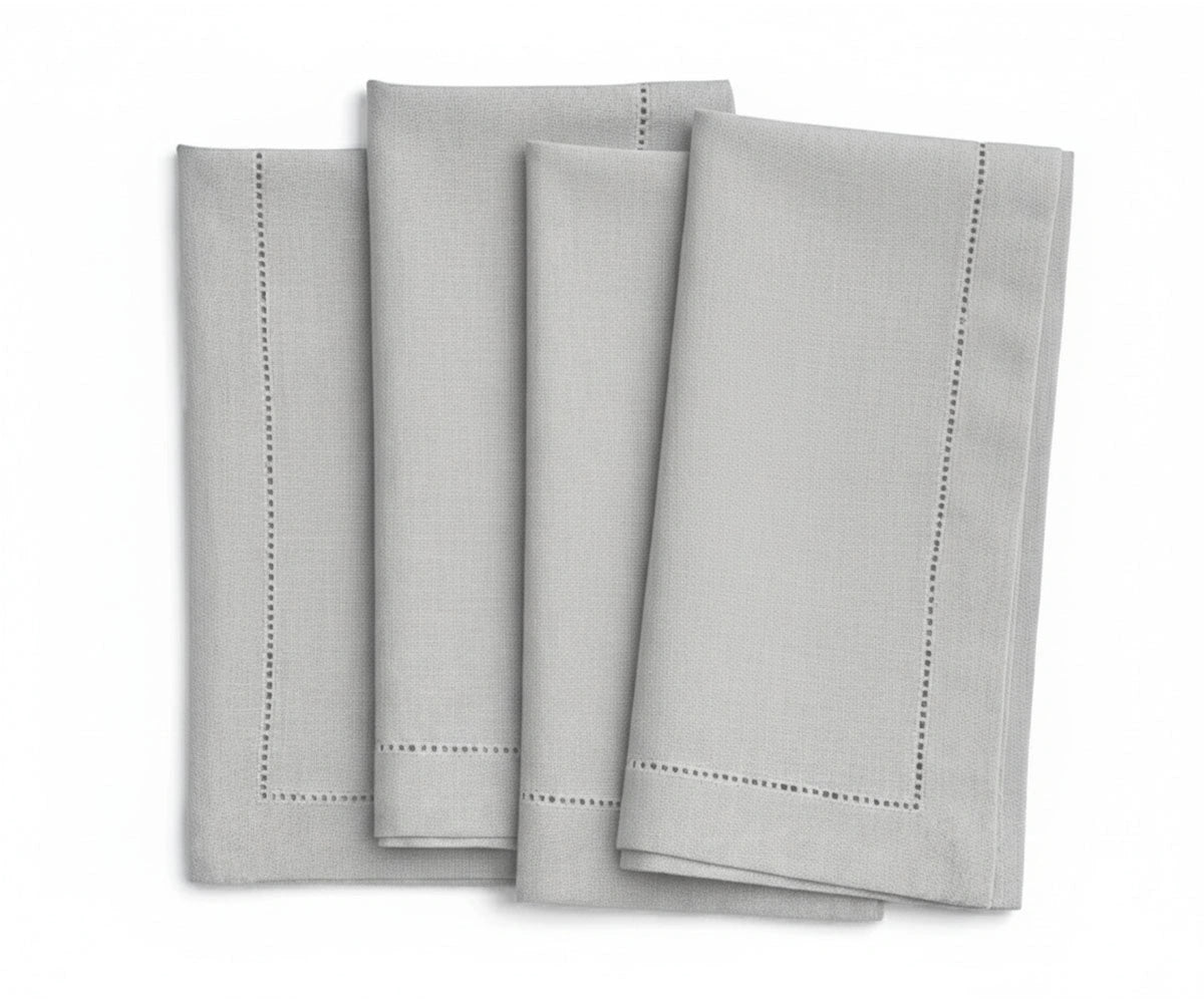 Light grey hemstitched linen napkins set, reusable cloth dinner napkins for wedding, formal dining table and elegant table setting Light grey hemstitched linen napkins set, reusable cloth dinner napkins for wedding, formal dining table and elegant table setting
