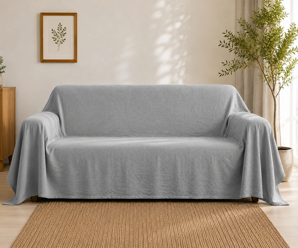 Grey 50% cotton 50% linen sofa cover in solid color, a washable couch cover and reusable furniture protector for protecting sofas and couches Grey 50% cotton 50% linen sofa cover in solid color, a washable couch cover and reusable furniture protector for protecting sofas and couches