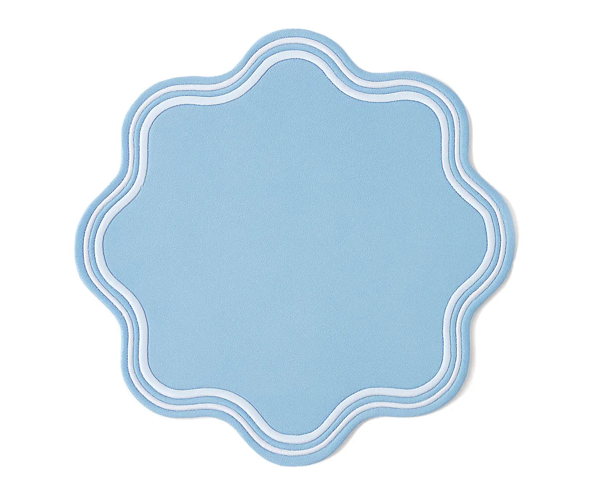 Sky blue cotton placemats with scalloped edges, round table mats for dining and events Sky blue cotton placemats with scalloped edges, round table mats for dining and events