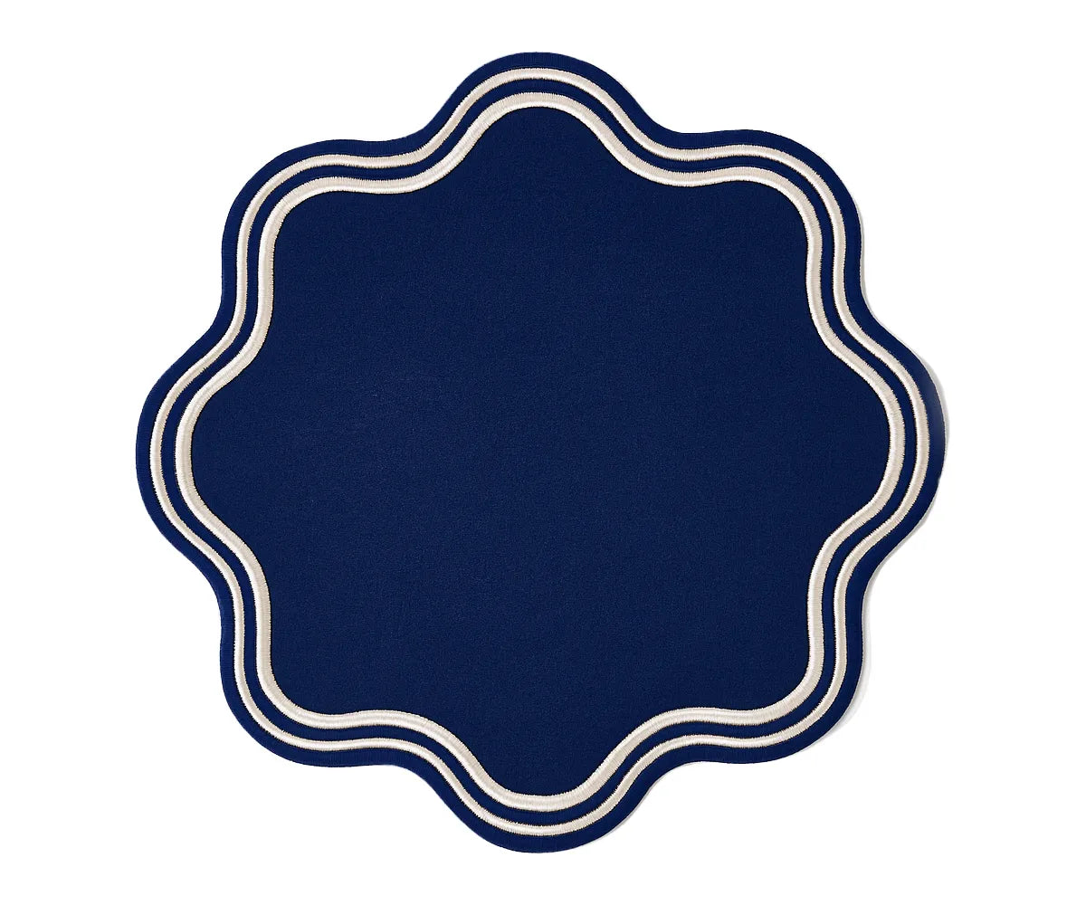Navy blue round cotton placemats with scalloped edges – stylish and washable table mats available in bulk sets for dining or events. Navy blue round cotton placemats with scalloped edges – stylish and washable table mats available in bulk sets for dining or events.