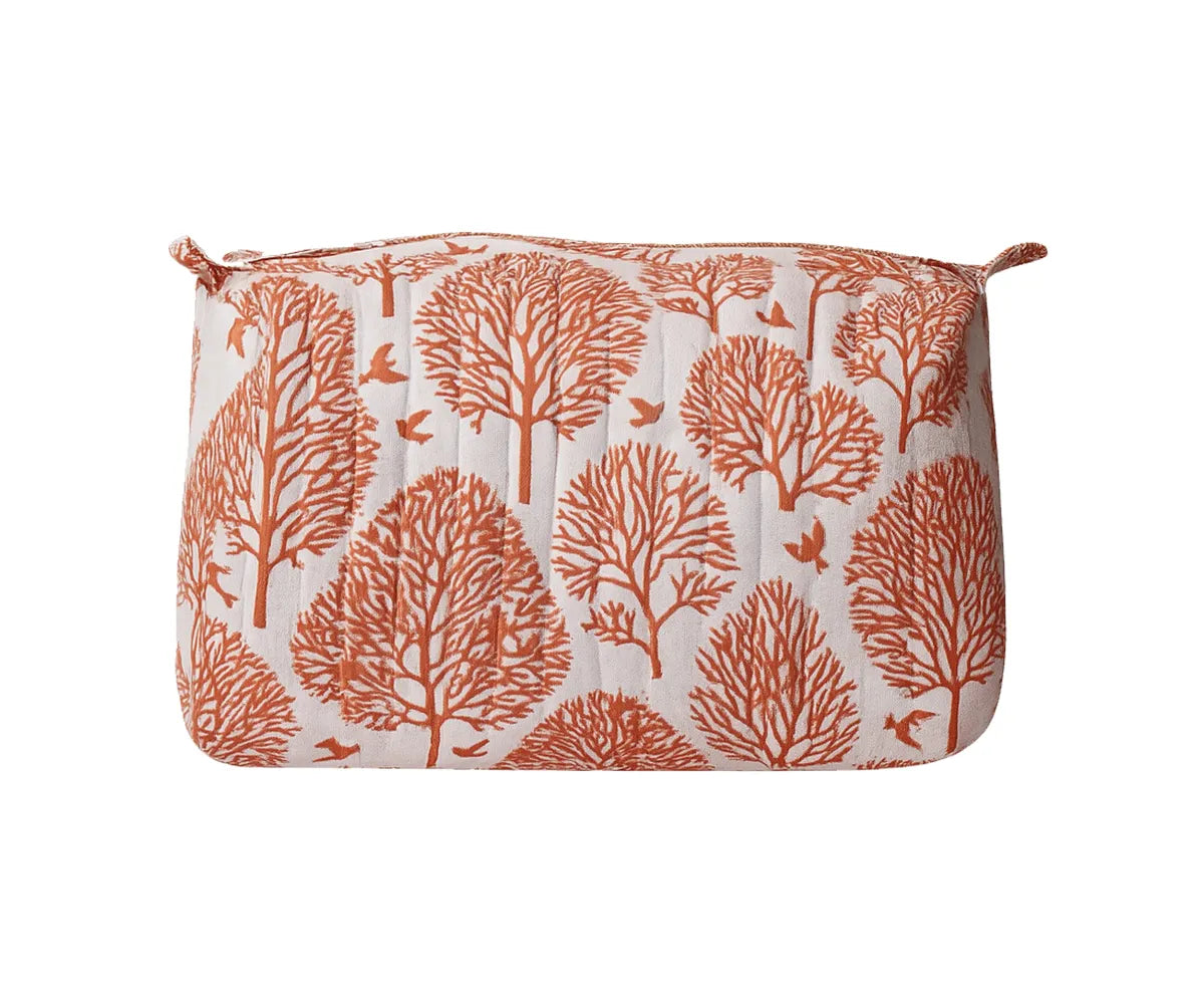 Rust orange tree and bird printed cotton make up bag for women – quilted, zippered travel pouch for cosmetics and toiletries Rust orange tree and bird printed cotton make up bag for women – quilted, zippered travel pouch for cosmetics and toiletries