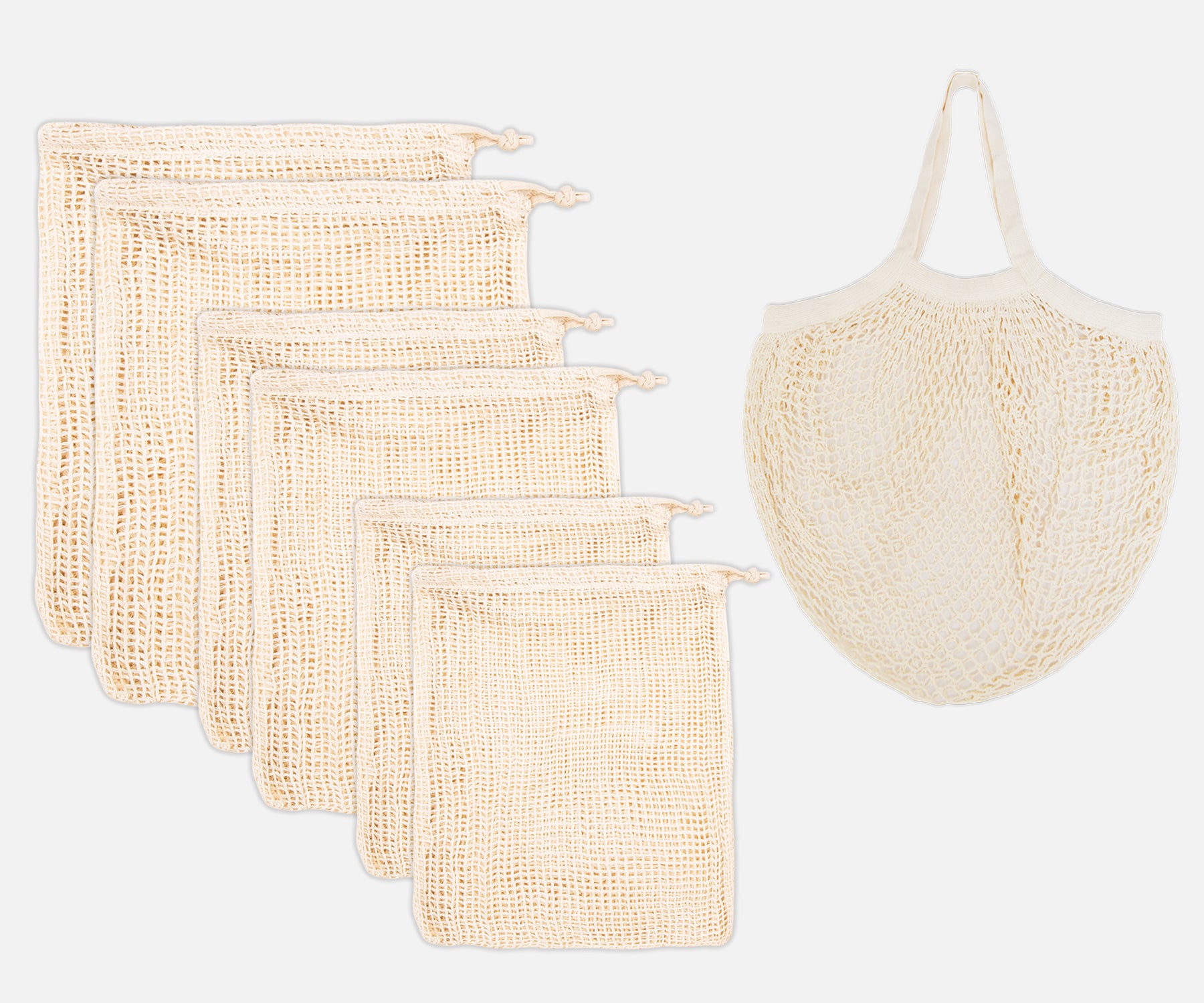 A collection of six string bags with sturdy handles alongside a tote bag A collection of six string bags with sturdy handles alongside a tote bag
