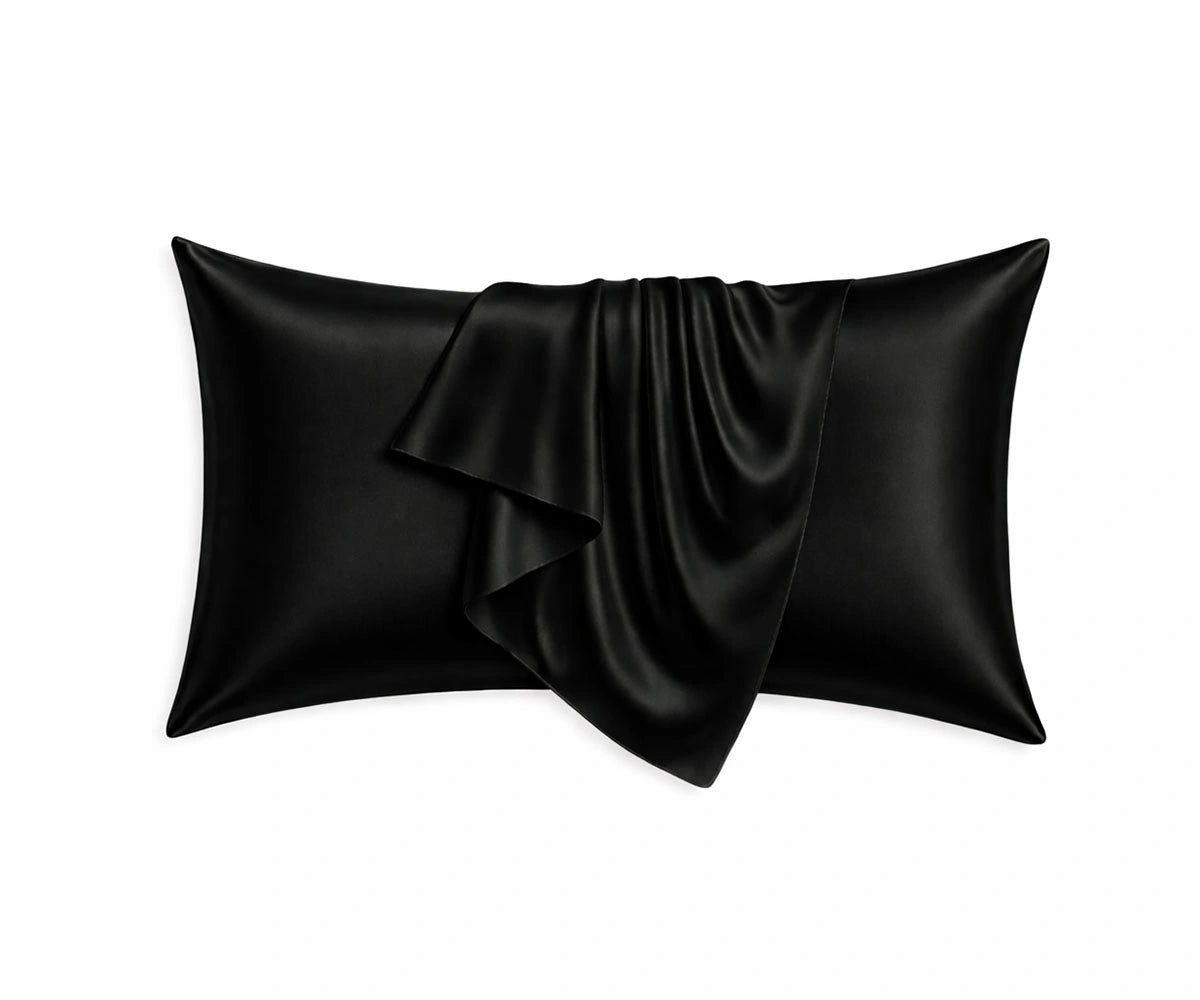 Black mulberry silk pillowcases with a classic, glossy finish, offering friction-free comfort and timeless bedroom elegance. Black mulberry silk pillowcases with a classic, glossy finish, offering friction-free comfort and timeless bedroom elegance.