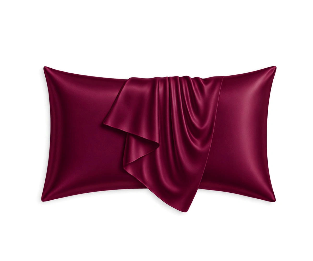 Burgundy mulberry silk pillowcases crafted from 100% pure silk, offering a rich elegant color, friction-free surface, and temperature-regulating comfort for healthy hair, glowing skin Burgundy mulberry silk pillowcases crafted from 100% pure silk, offering a rich elegant color, friction-free surface, and temperature-regulating comfort for healthy hair, glowing skin