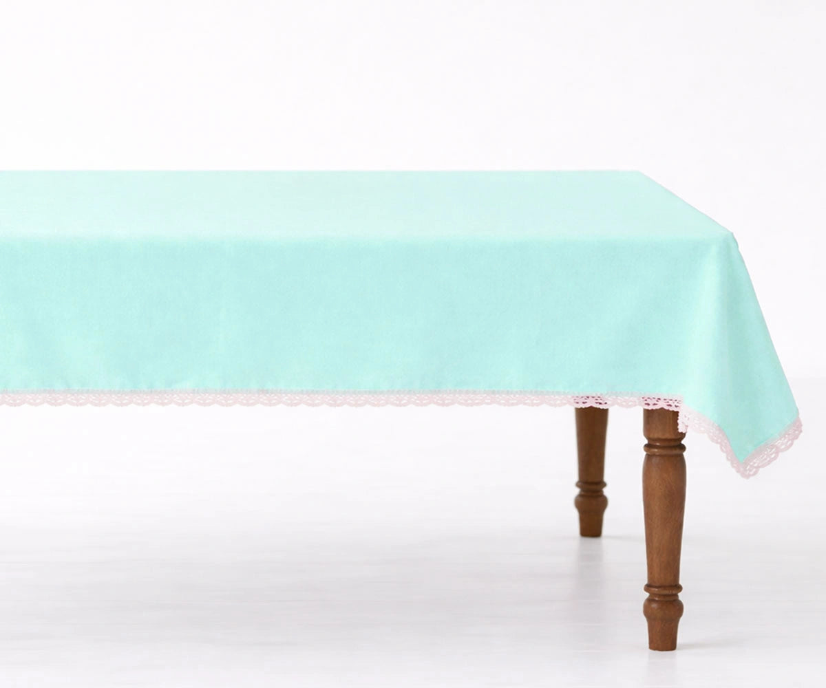 Aqua blue cotton tablecloth with lace border Aqua blue cotton tablecloth with lace border