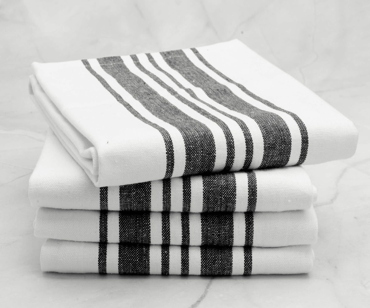 Cotton tea towels featuring timeless stripe designs. Cotton tea towels featuring timeless stripe designs.