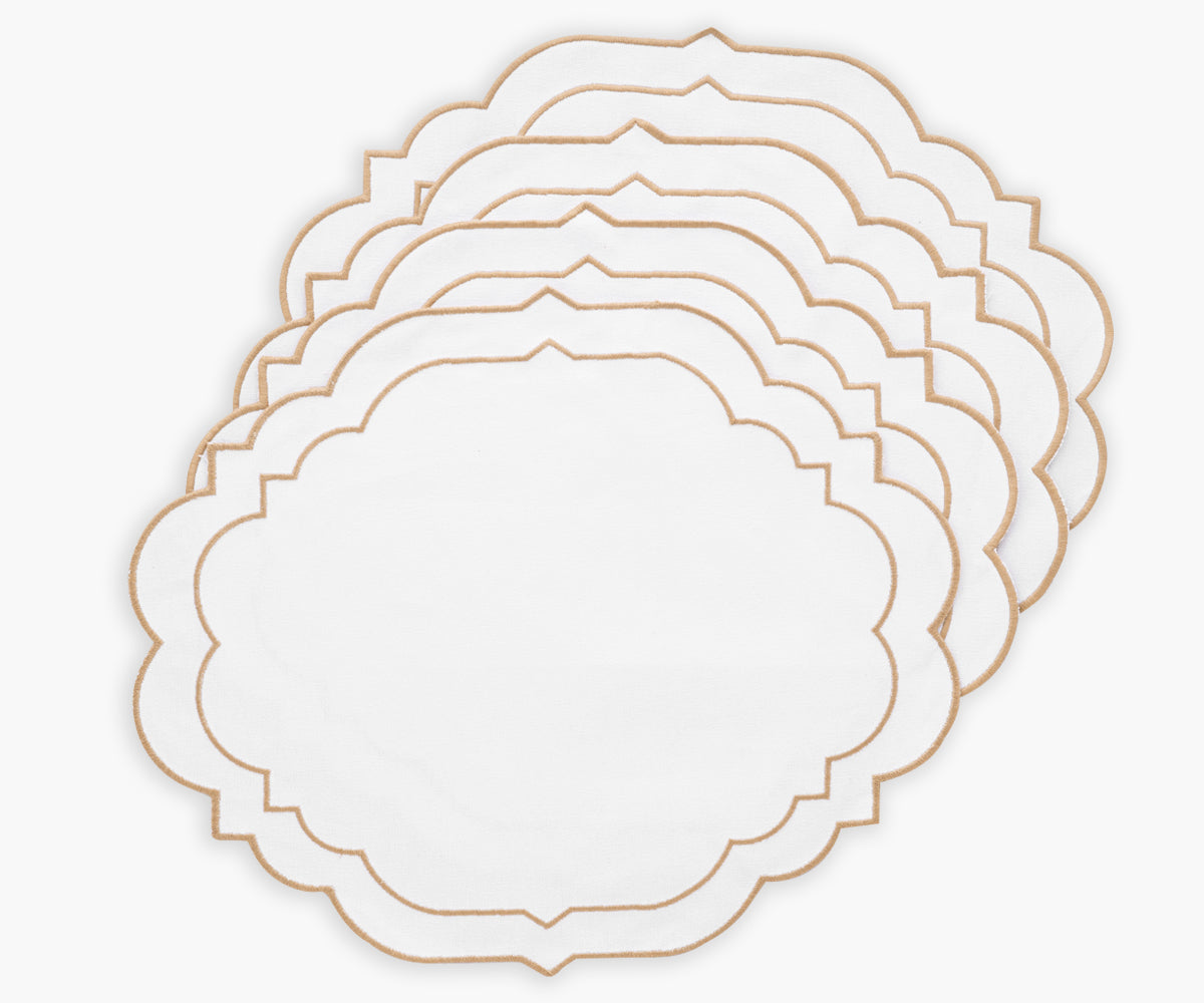 Dining table placemats in a set of 6 beige placemats for a coordinated look. Dining table placemats in a set of 6 beige placemats for a coordinated look.