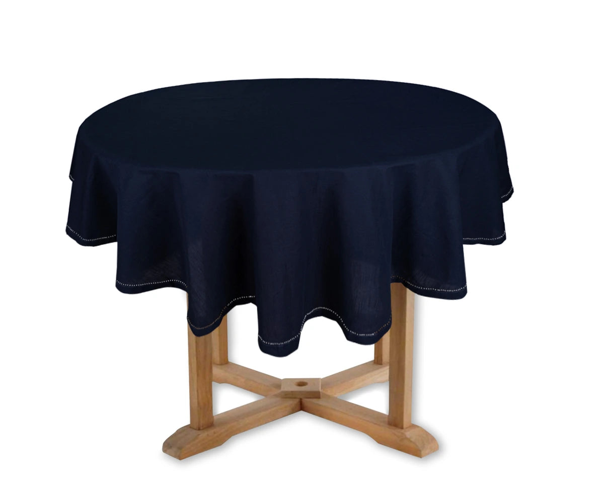 Navy Blue Round Cotton Tablecloth on Dining Table – 63 Inch Hemstitched Design Navy Blue Round Cotton Tablecloth on Dining Table – 63 Inch Hemstitched Design