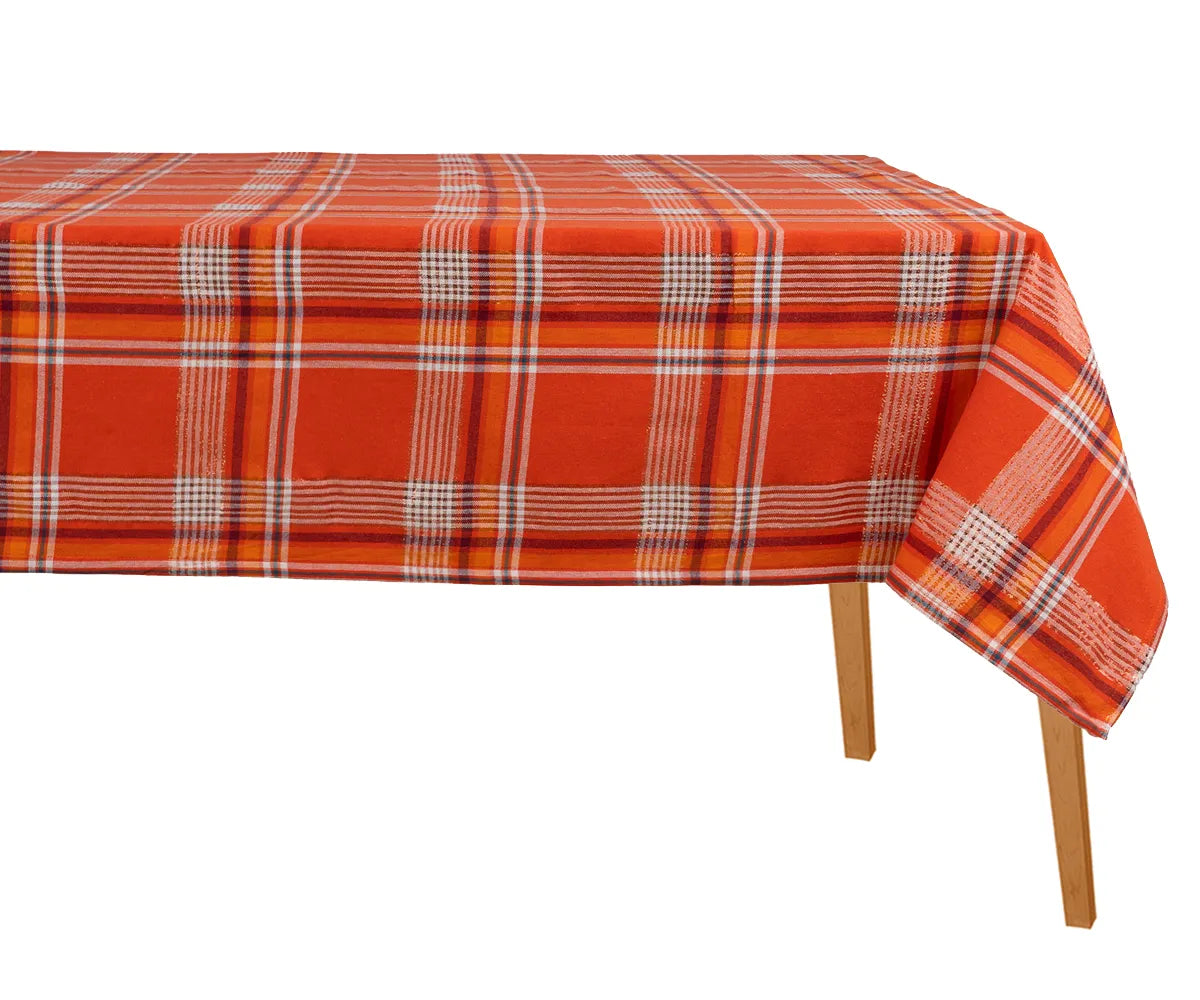 Soft 100% cotton orange-red plaid tablecloth with white checks for cozy family gatherings Soft 100% cotton orange-red plaid tablecloth with white checks for cozy family gatherings