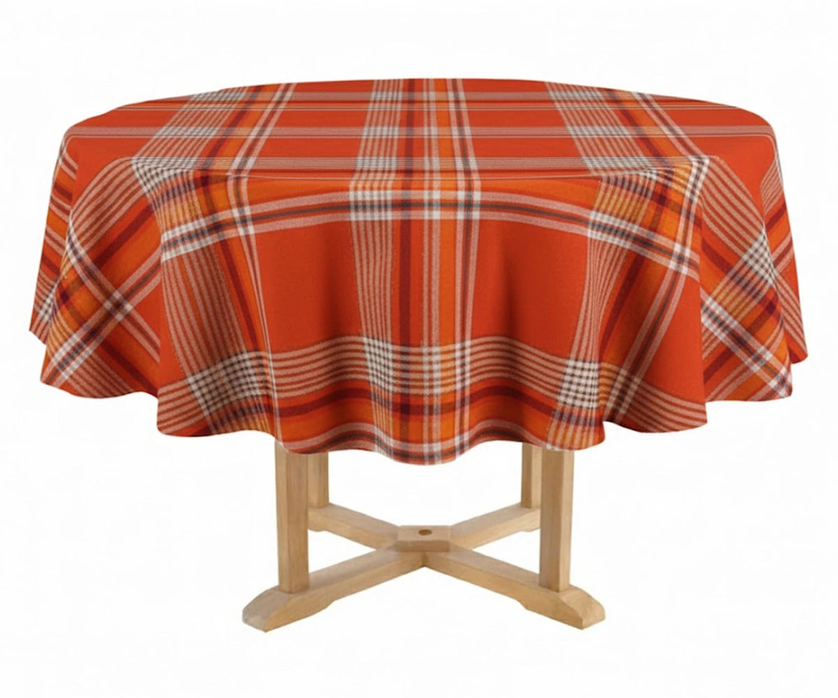 Orange tartan plaid round cotton tablecloth with white and red checks Orange tartan plaid round cotton tablecloth with white and red checks