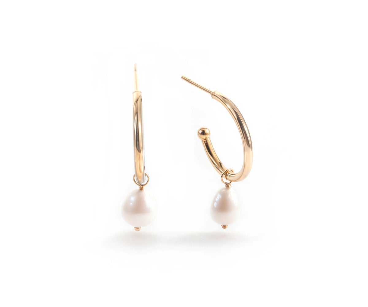 Freshwater Pearl Earrings with 18mm Gold-Plated Hoops and Push-Back Closure Freshwater Pearl Earrings with 18mm Gold-Plated Hoops and Push-Back Closure