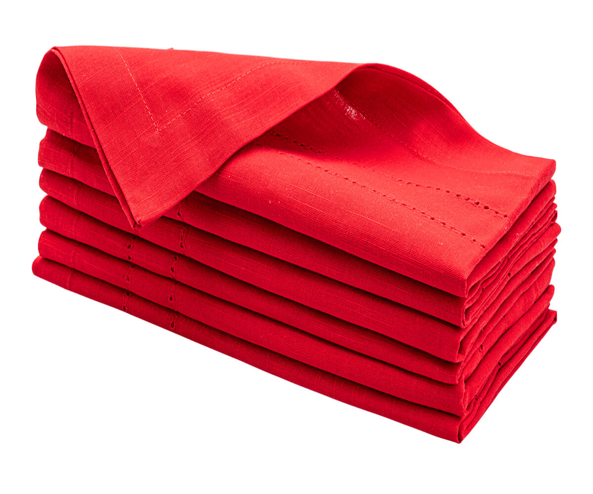 Red cotton napkins with double hemstitch. Red cotton napkins with double hemstitch.